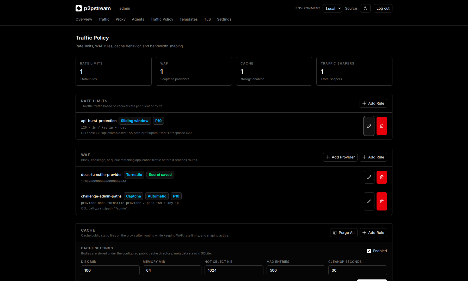 p2pstream cache settings section showing disk, memory, entry, object, and cleanup limits