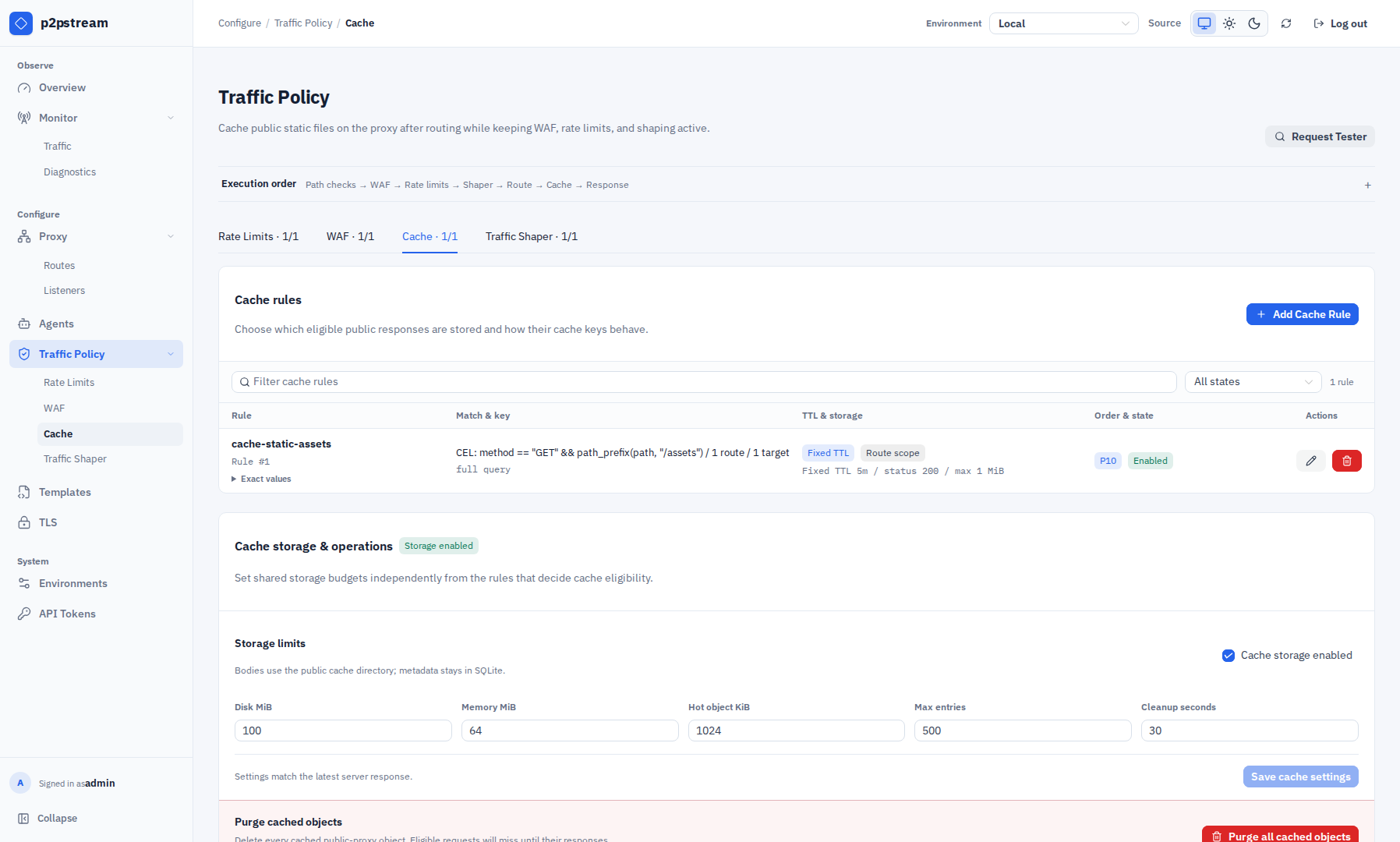 p2pstream Traffic Policy Cache tab showing filterable cache rules plus cache storage enabled, disk, memory, hot-object, entry, cleanup, save, and purge controls