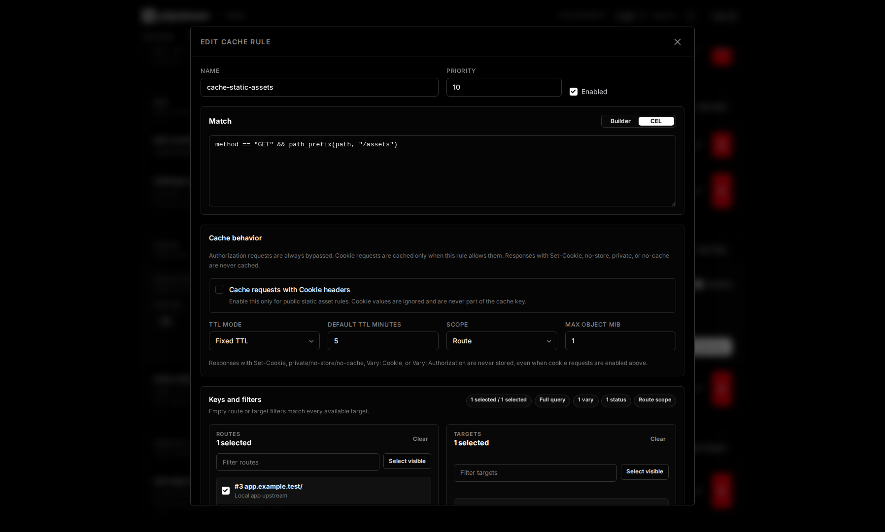 p2pstream cache rule editor showing CEL match builder, route filters, target filters, TTL mode, query mode, vary headers, cache status codes, and max object bytes