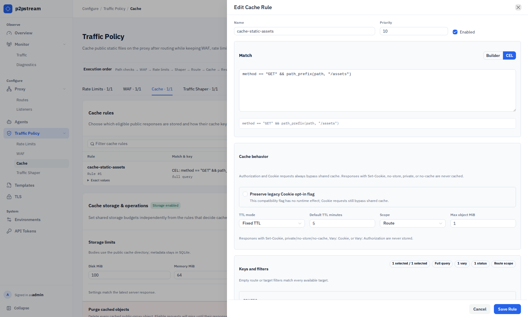 p2pstream cache rule drawer showing match builder, route and target filters, TTL, query handling, vary headers, status codes, and object limits