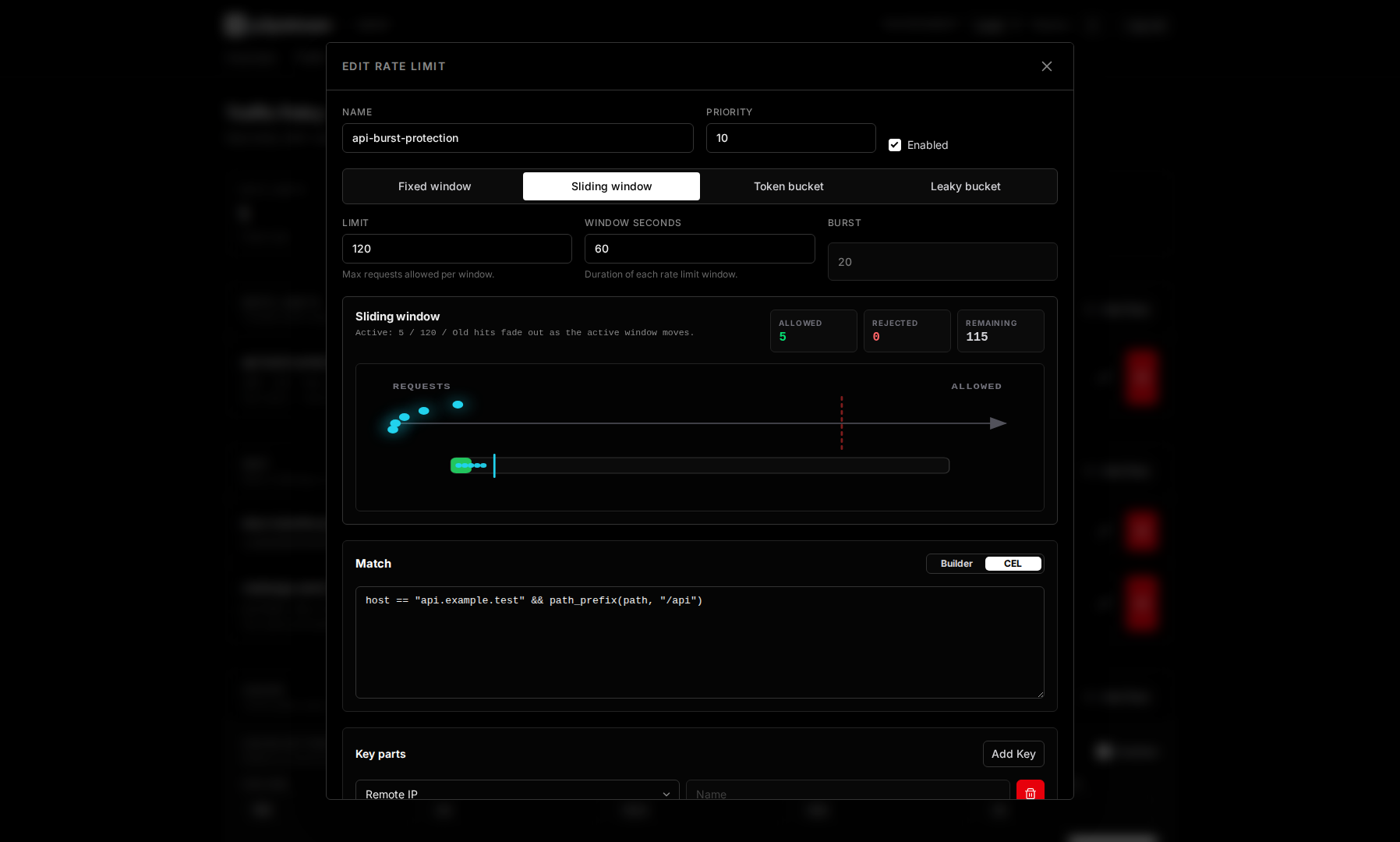 p2pstream rate-limit rule editor showing match builder, algorithm, limit, window, burst, key parts, and response settings