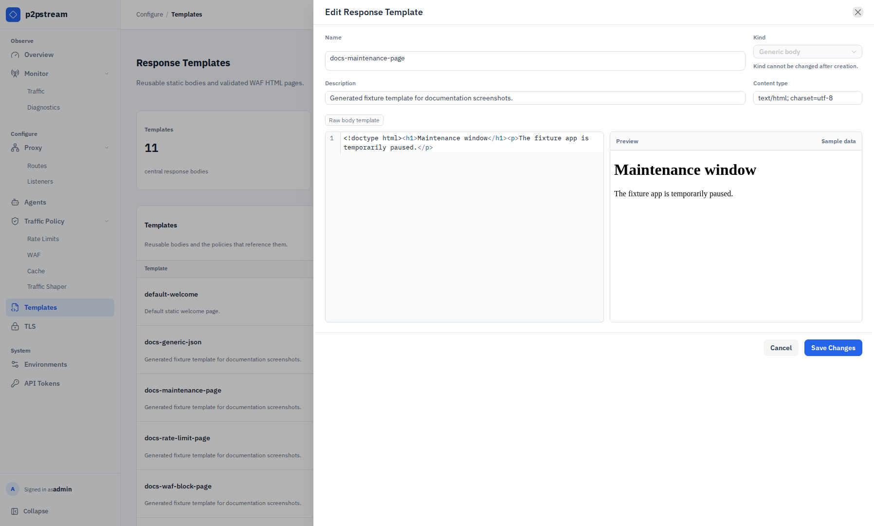 p2pstream Edit Response Template drawer showing name, locked kind with immutability guidance, content type, description, body editor, and preview