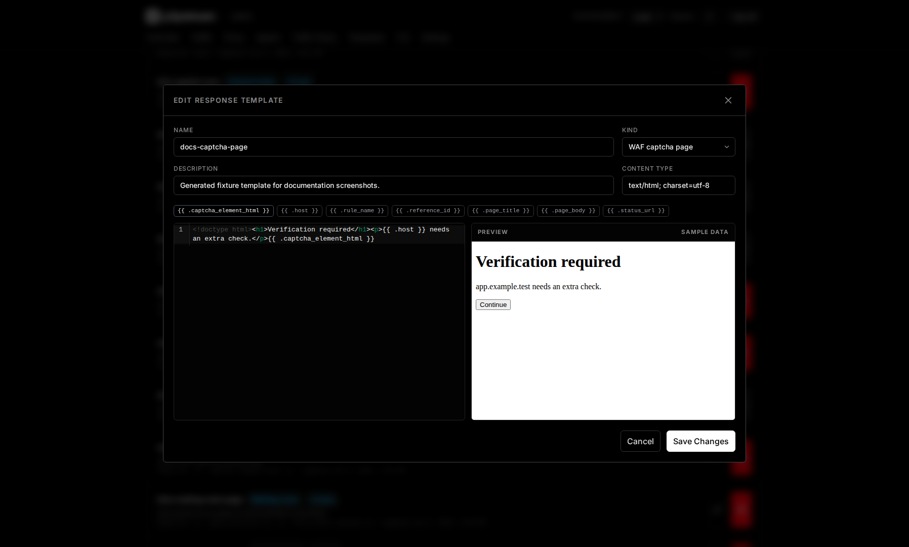 p2pstream WAF response template editor showing allowed dynamic placeholders and a rendered sample preview