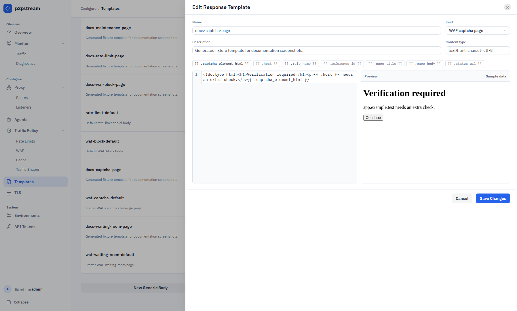 p2pstream WAF response template drawer showing allowed dynamic placeholders and rendered sample values for captcha or waiting-room pages