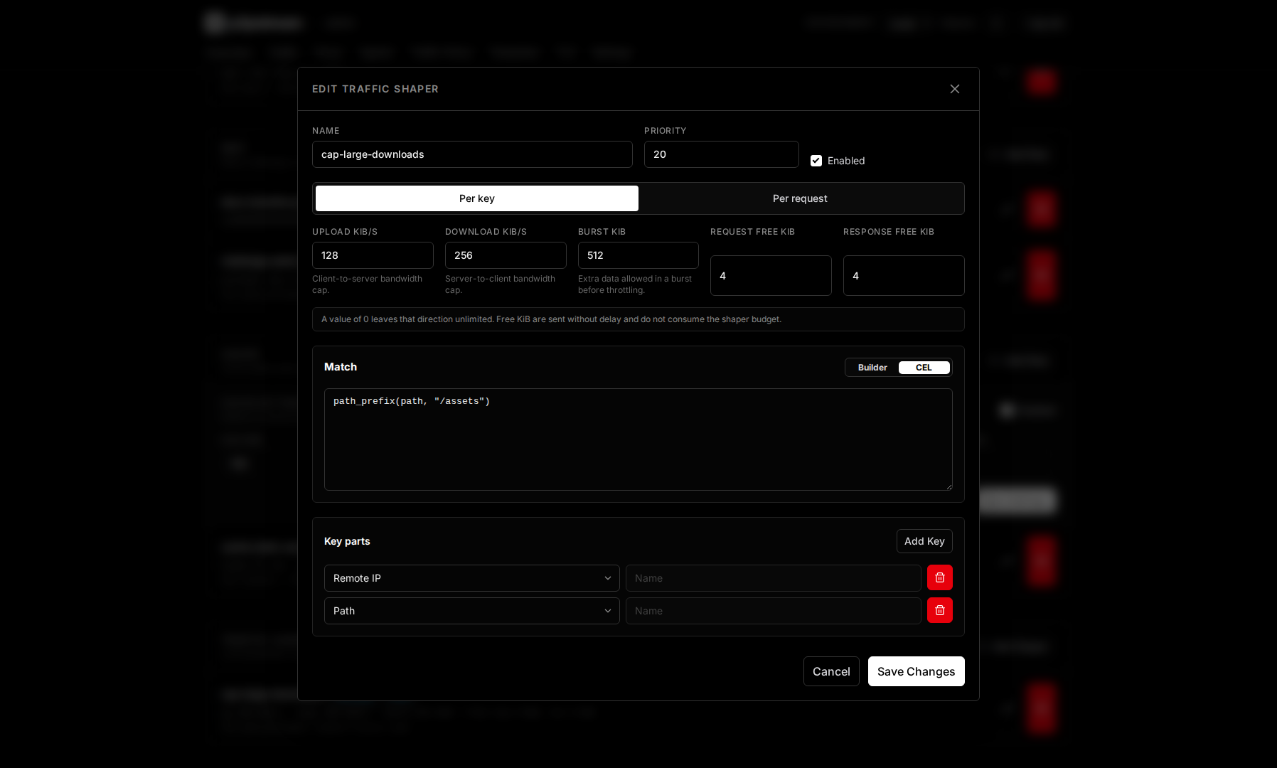 p2pstream traffic shaper editor showing request match, budget scope, key parts, upload and download byte rates, burst, and exempt bytes