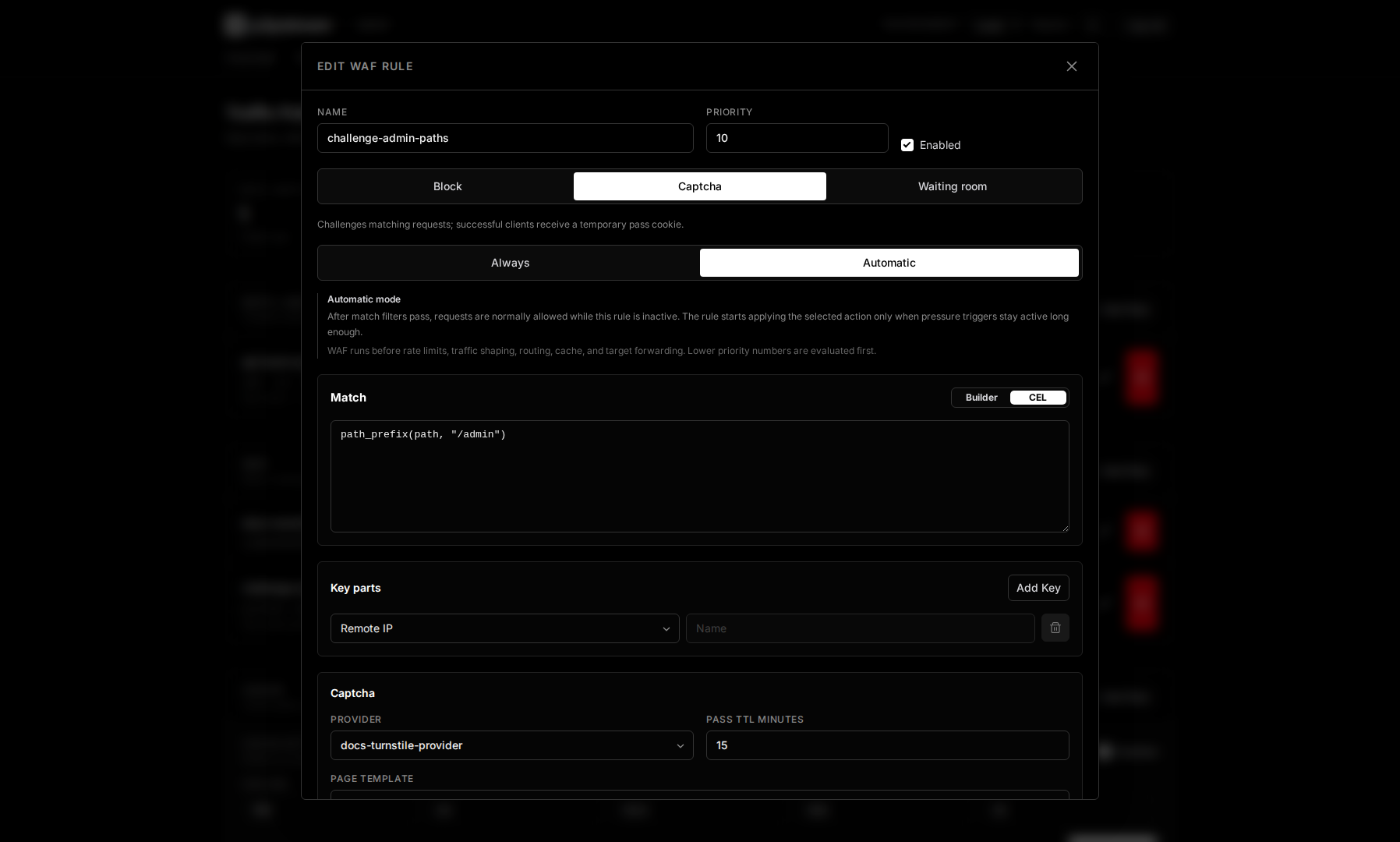 p2pstream WAF rule editor showing match builder, action, activation mode, response template, captcha, and waiting-room settings