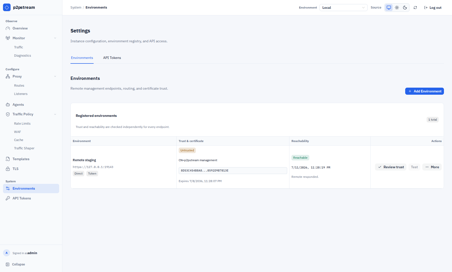 p2pstream Environments page under System showing a registered remote's URL, Direct transport, token state, certificate trust, reachability, Review trust, Test, and More actions