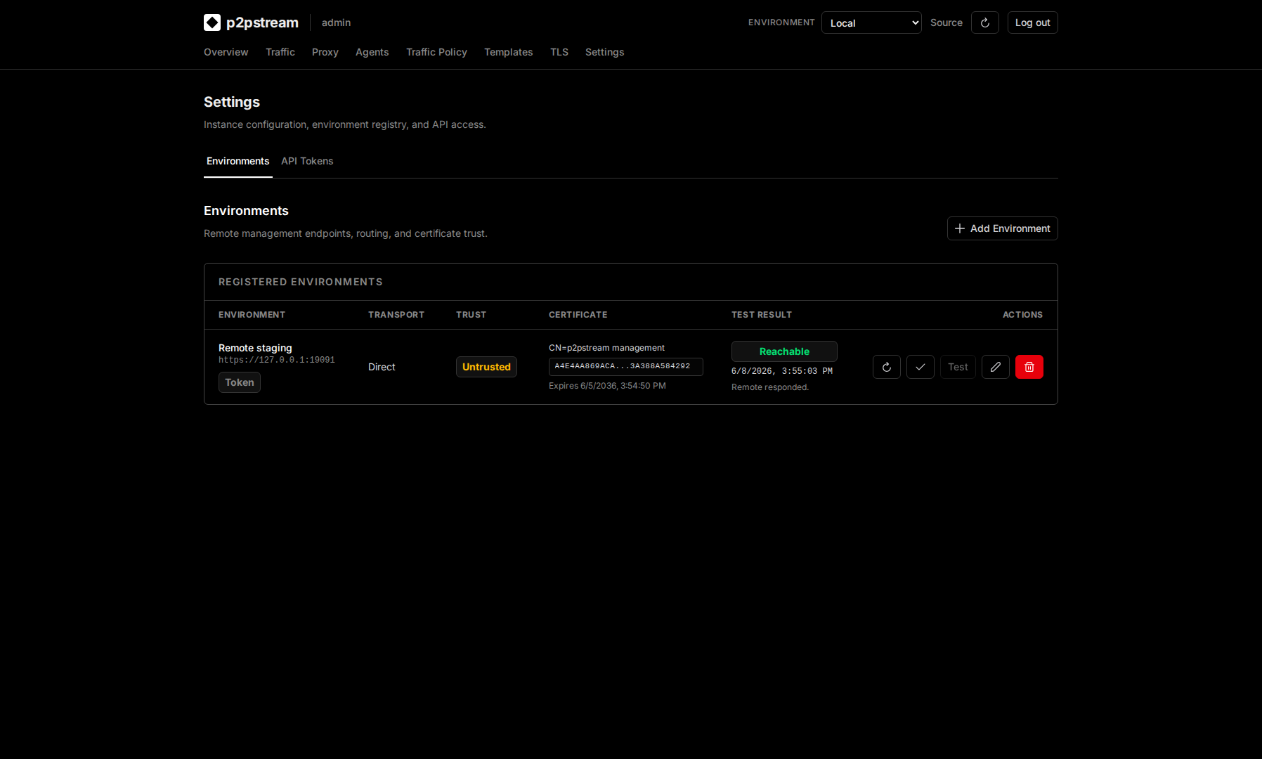 p2pstream Settings Environments page showing local and remote environments, transport type, status, certificate trust state, and actions