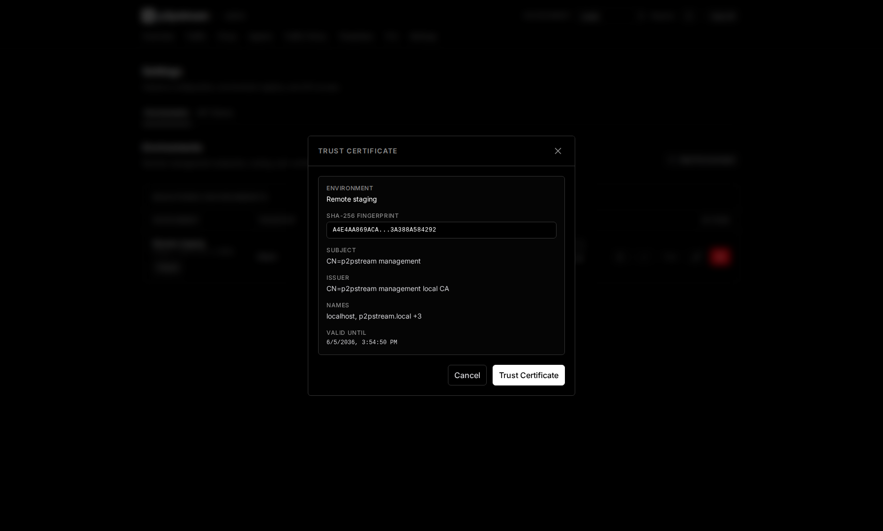 p2pstream environment certificate trust dialog showing fingerprint, subject, issuer, SANs, validity dates, and trust action