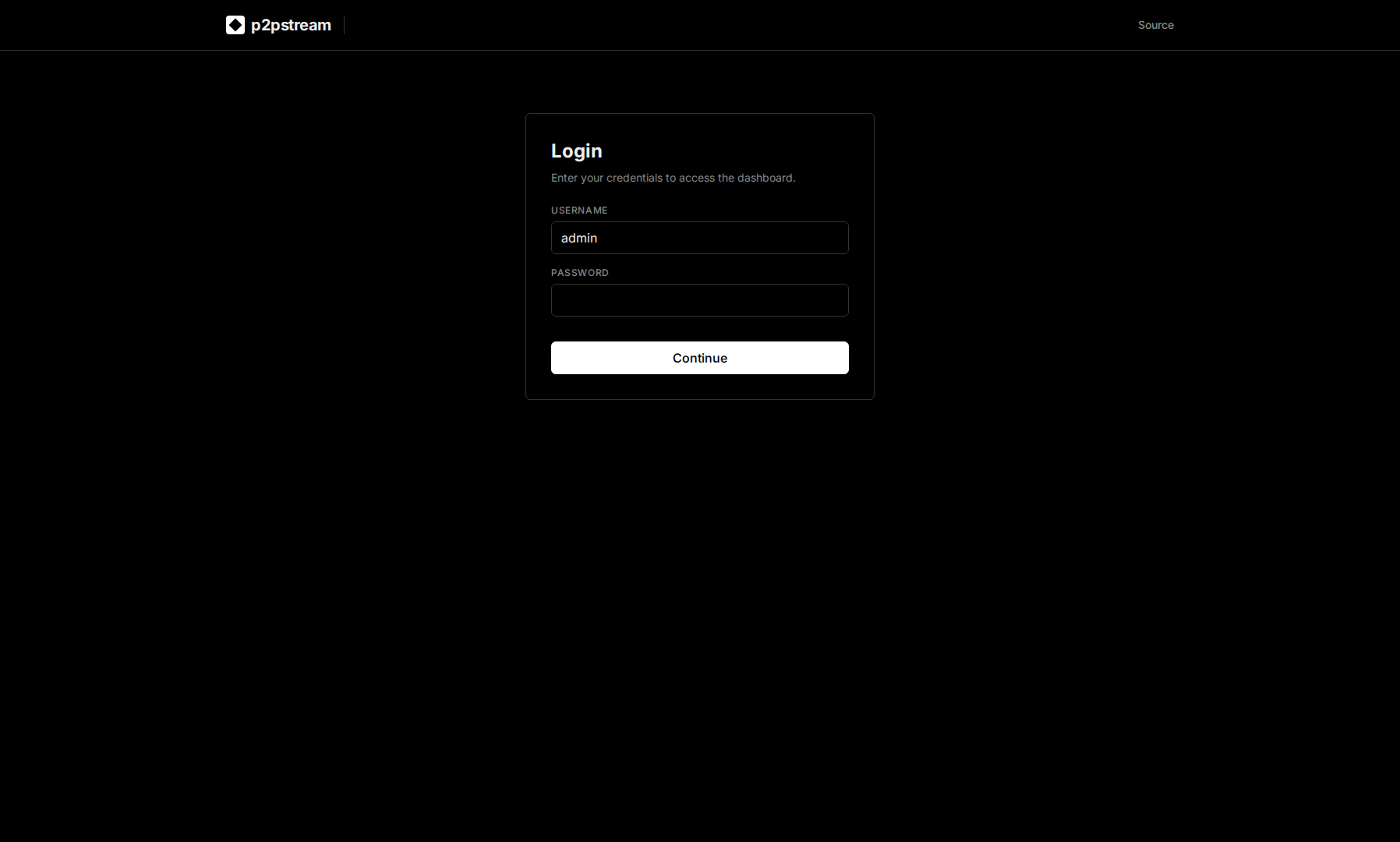 p2pstream login page with username and password fields