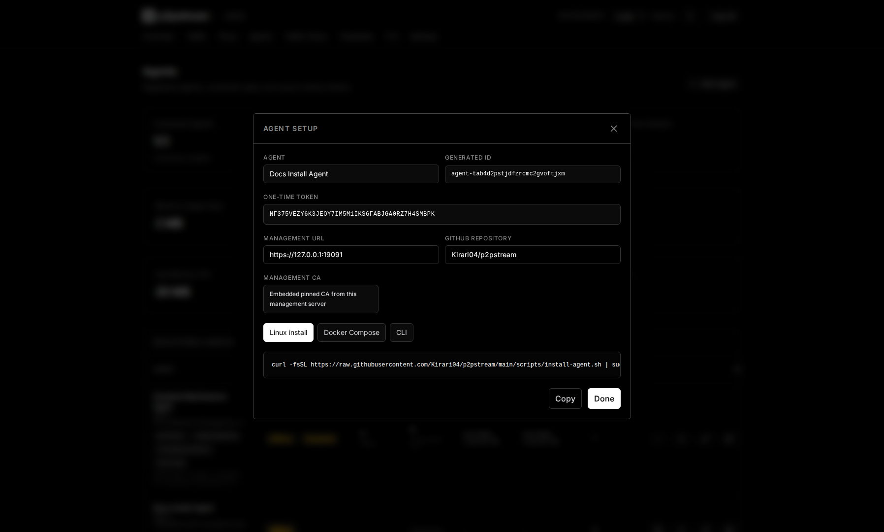 p2pstream new agent setup modal showing generated agent identity, one-time token, and install command options