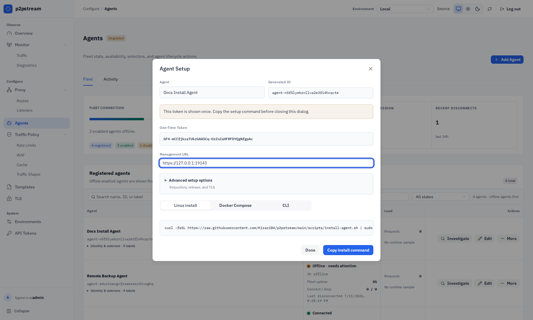 p2pstream Agent Setup modal showing generated agent identity, a one-time token, advanced options, and Linux, Docker Compose, and CLI tabs