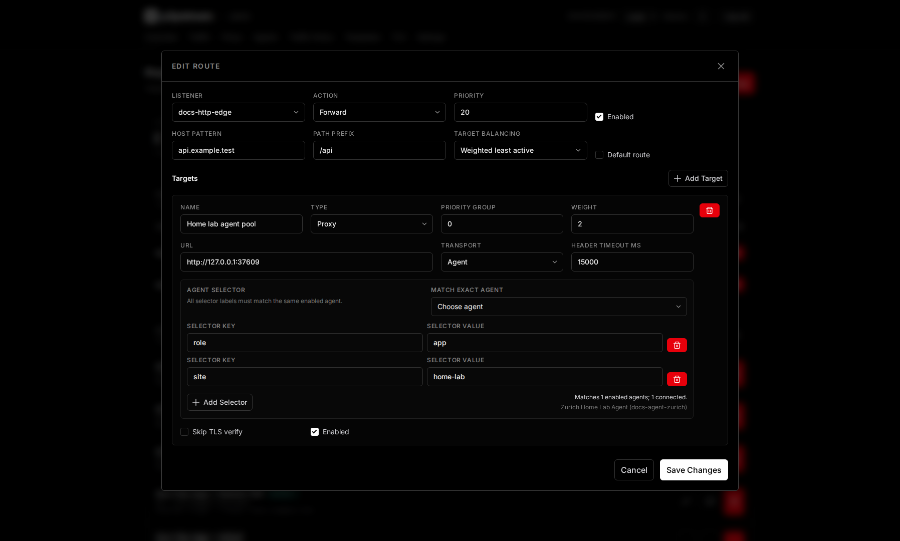p2pstream route editor showing an agent-selected target with label selectors