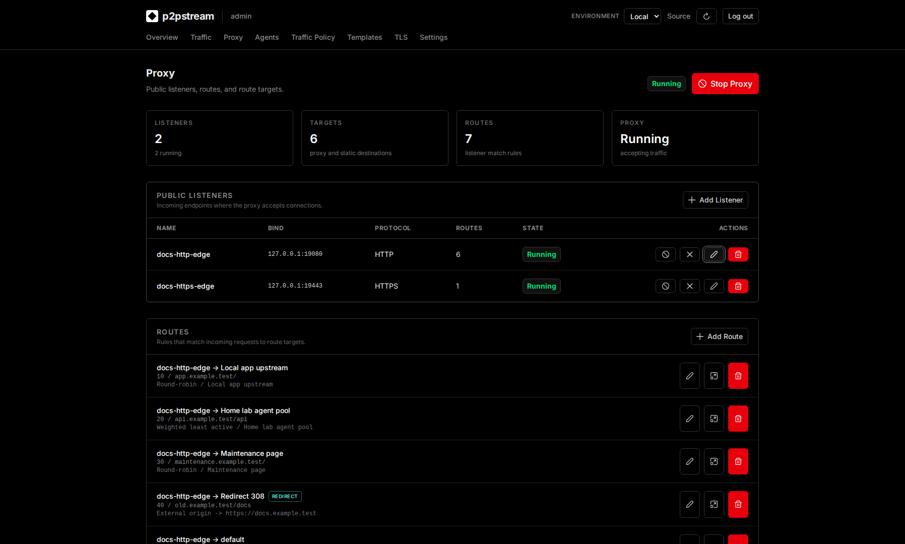 p2pstream Proxy page showing seeded default routes and route targets