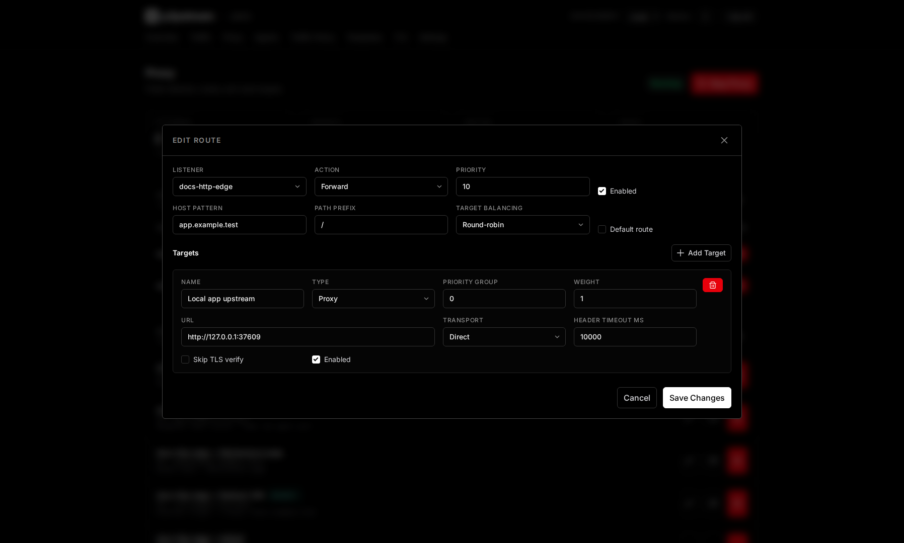 p2pstream route editor showing a direct proxy target for an app route