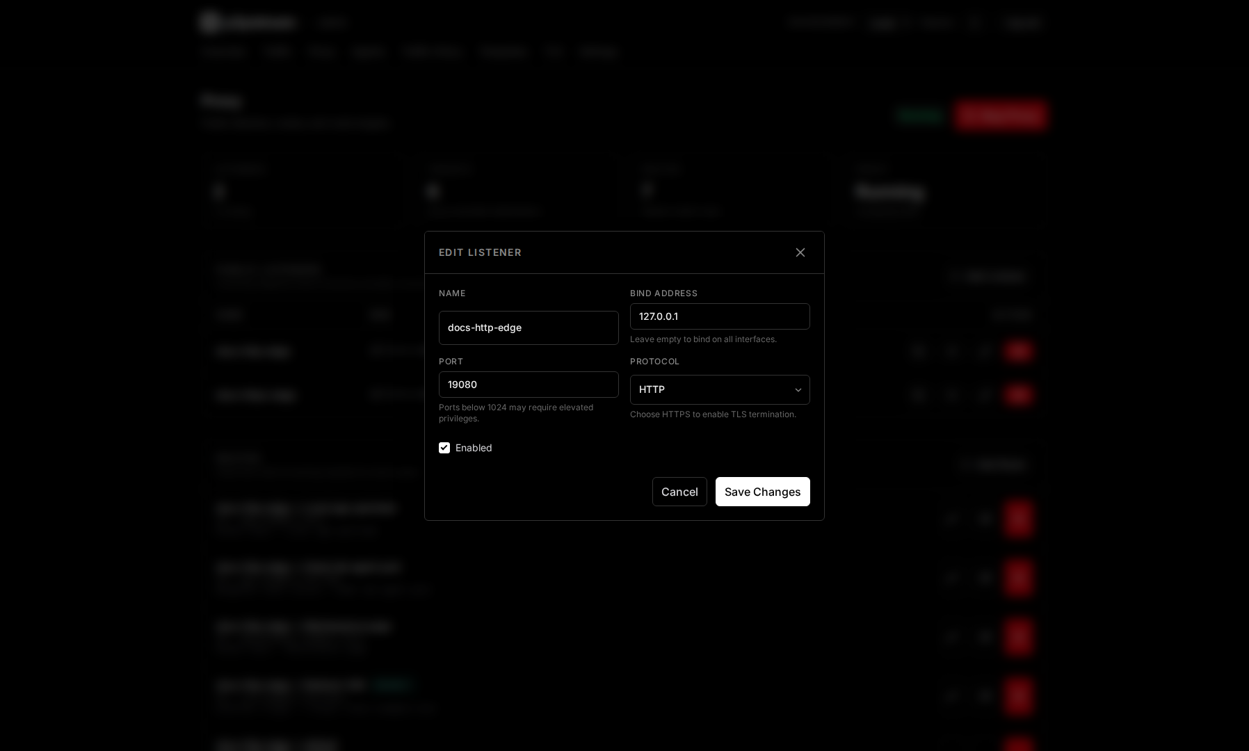 p2pstream listener editor showing protocol, bind address, port, and enabled state