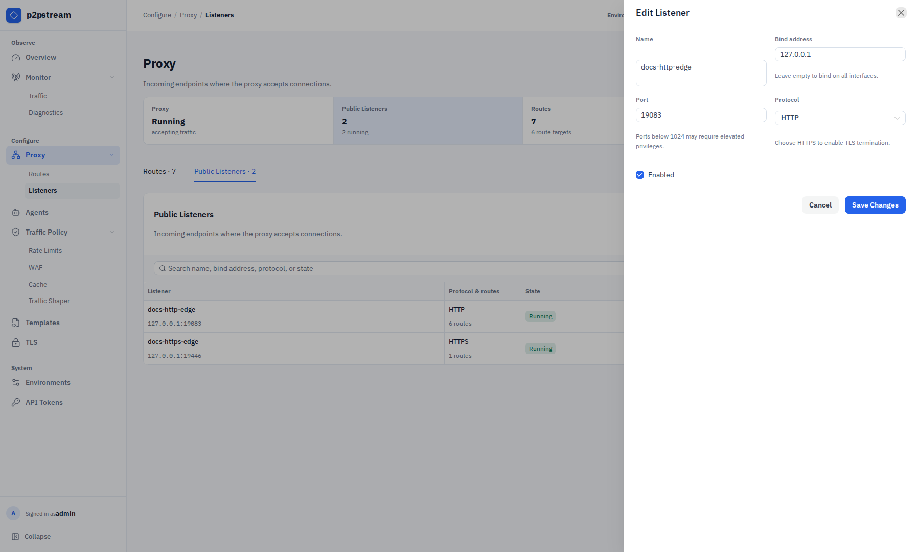 p2pstream Edit Listener drawer showing name, bind address, port, HTTP or HTTPS protocol, and enabled state