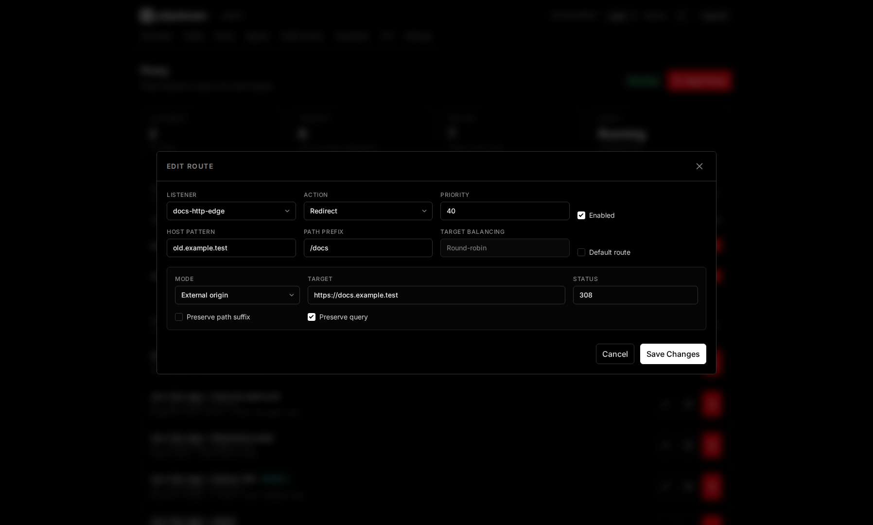 p2pstream route editor showing an external redirect target with status and query preservation