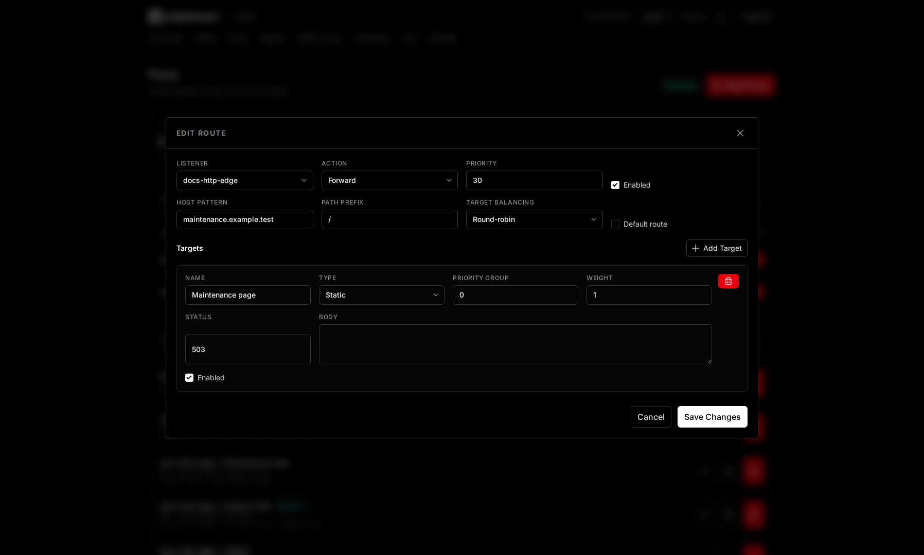 p2pstream route editor showing a static response target with template-backed response body