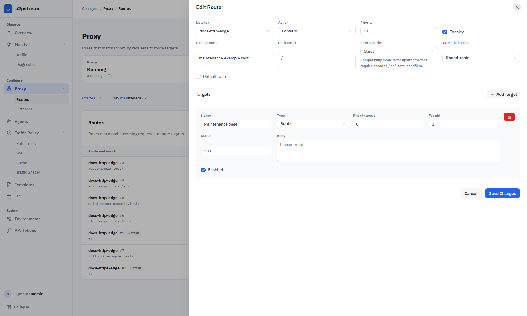 p2pstream Edit Route drawer showing the currently available static target controls for name, type, priority group, weight, status, inline body, and enabled state