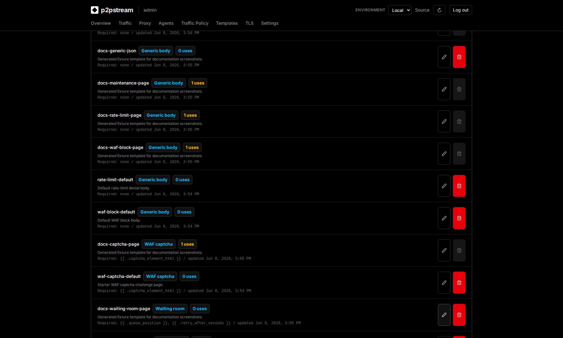 p2pstream Templates page showing reusable response templates, template kinds, usage counts, content type, and enabled references