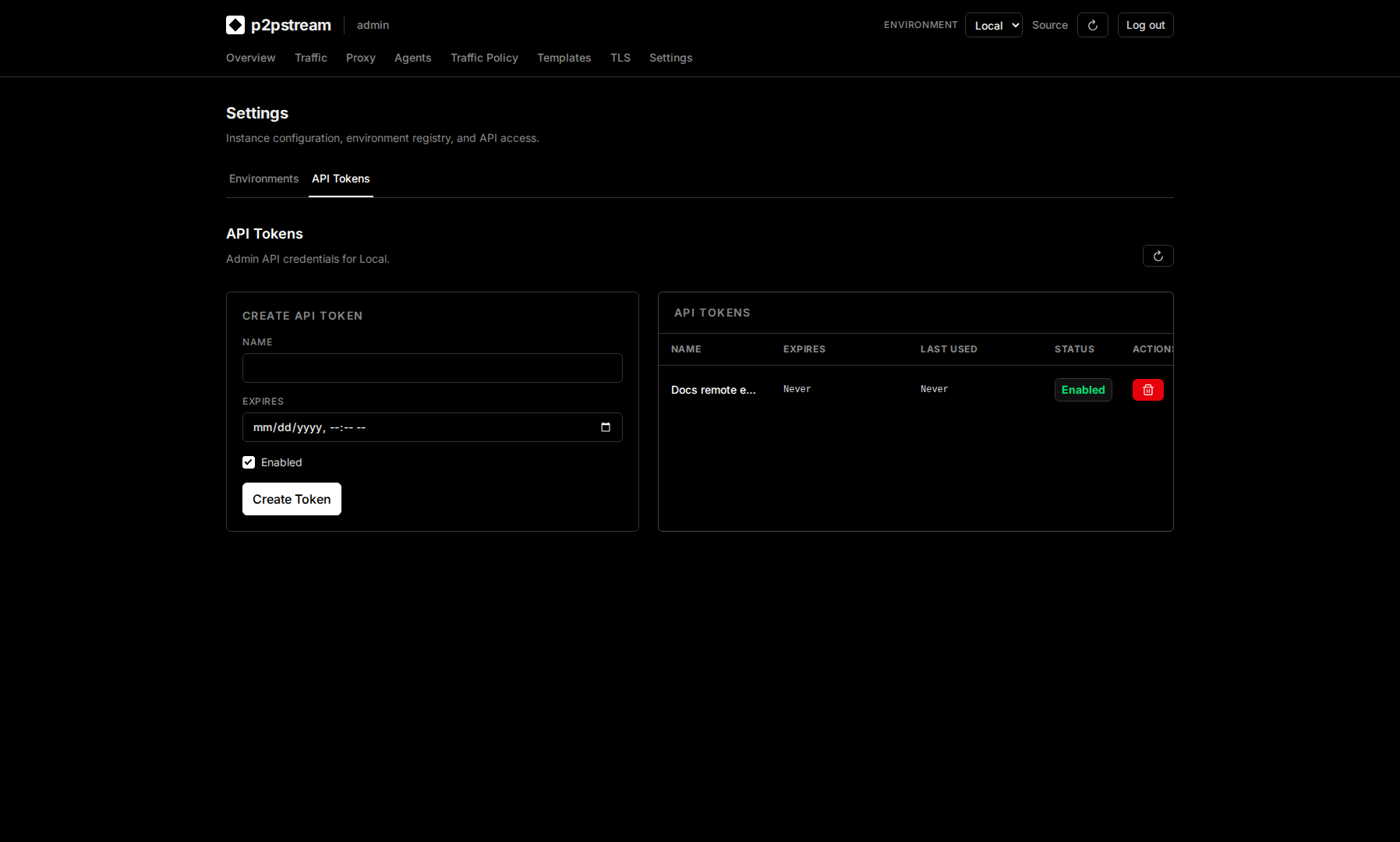 p2pstream Settings API Tokens page showing token names, enabled state, expiry, last used time, and create or revoke actions