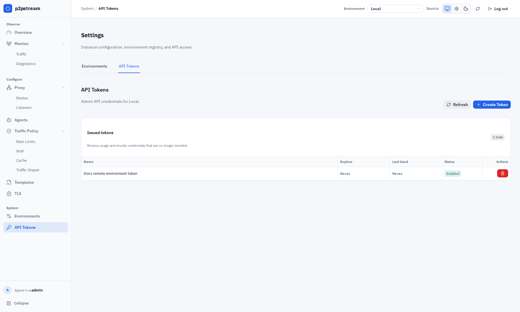p2pstream API Tokens page under System showing the selected environment, issued-token table, status, expiry, last-used time, Create Token action, and revoke actions