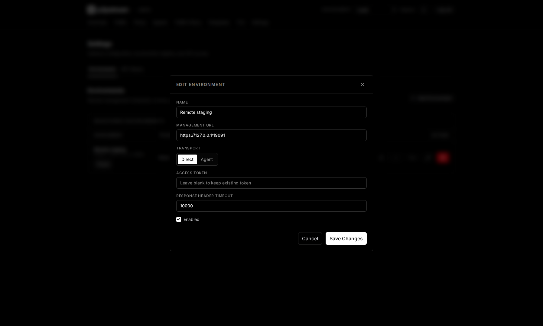 p2pstream environment editor showing management URL, transport, access token, enabled state, and timeout