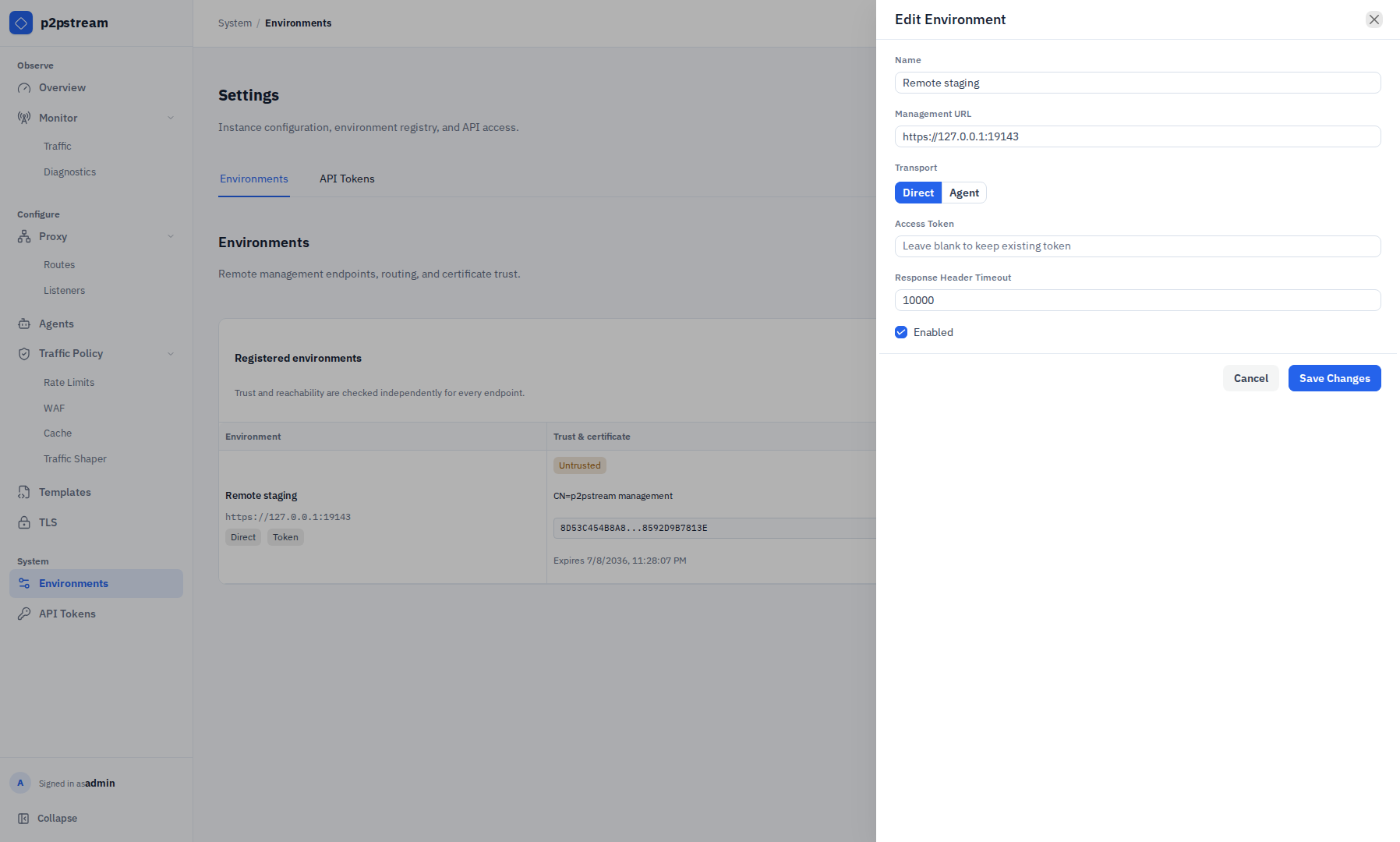 p2pstream Edit Environment drawer showing name, management URL, Direct or Agent transport, retained access-token state, response-header timeout, and enabled state