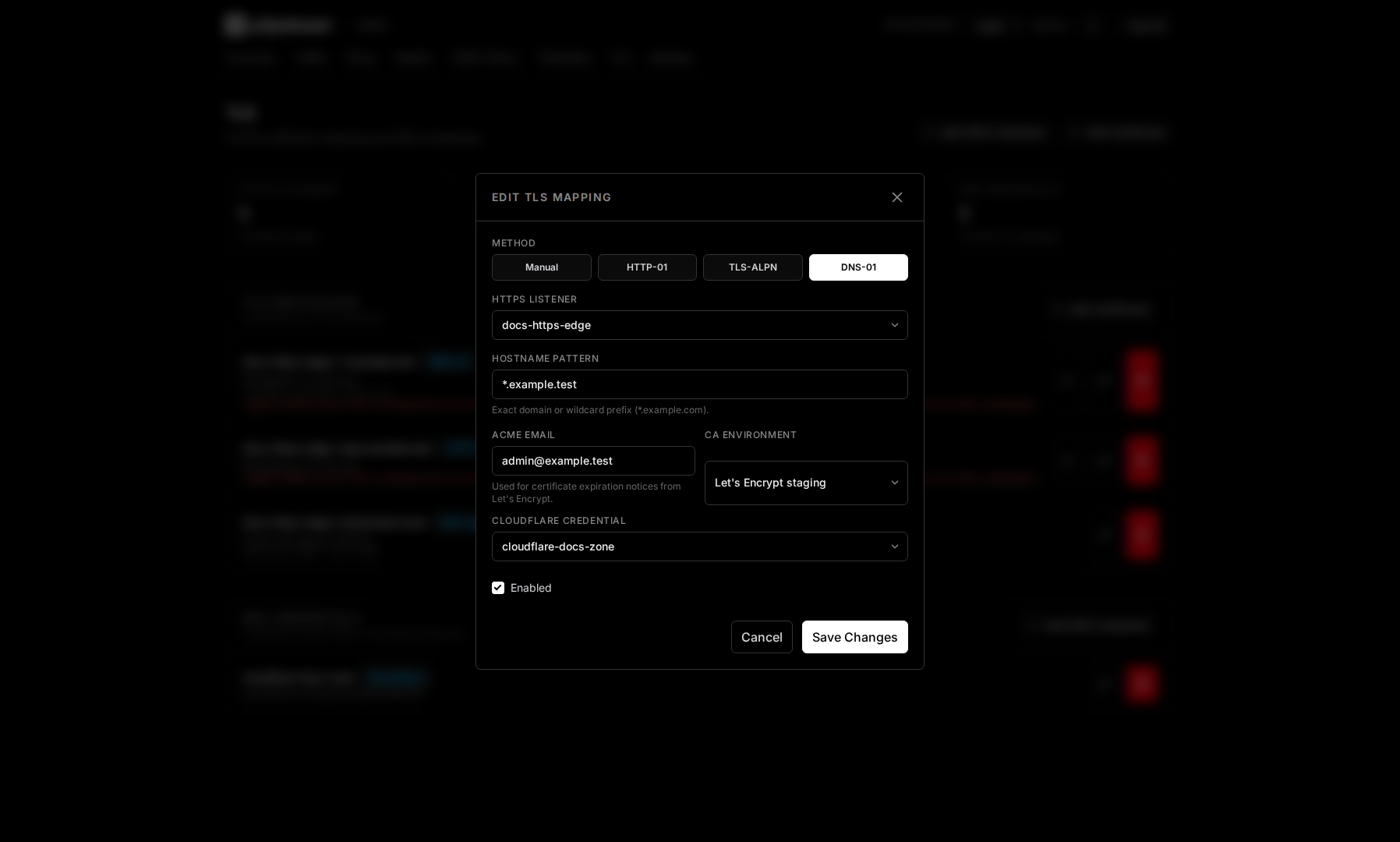 p2pstream TLS certificate mapping modal showing DNS-01 challenge with a Cloudflare DNS credential