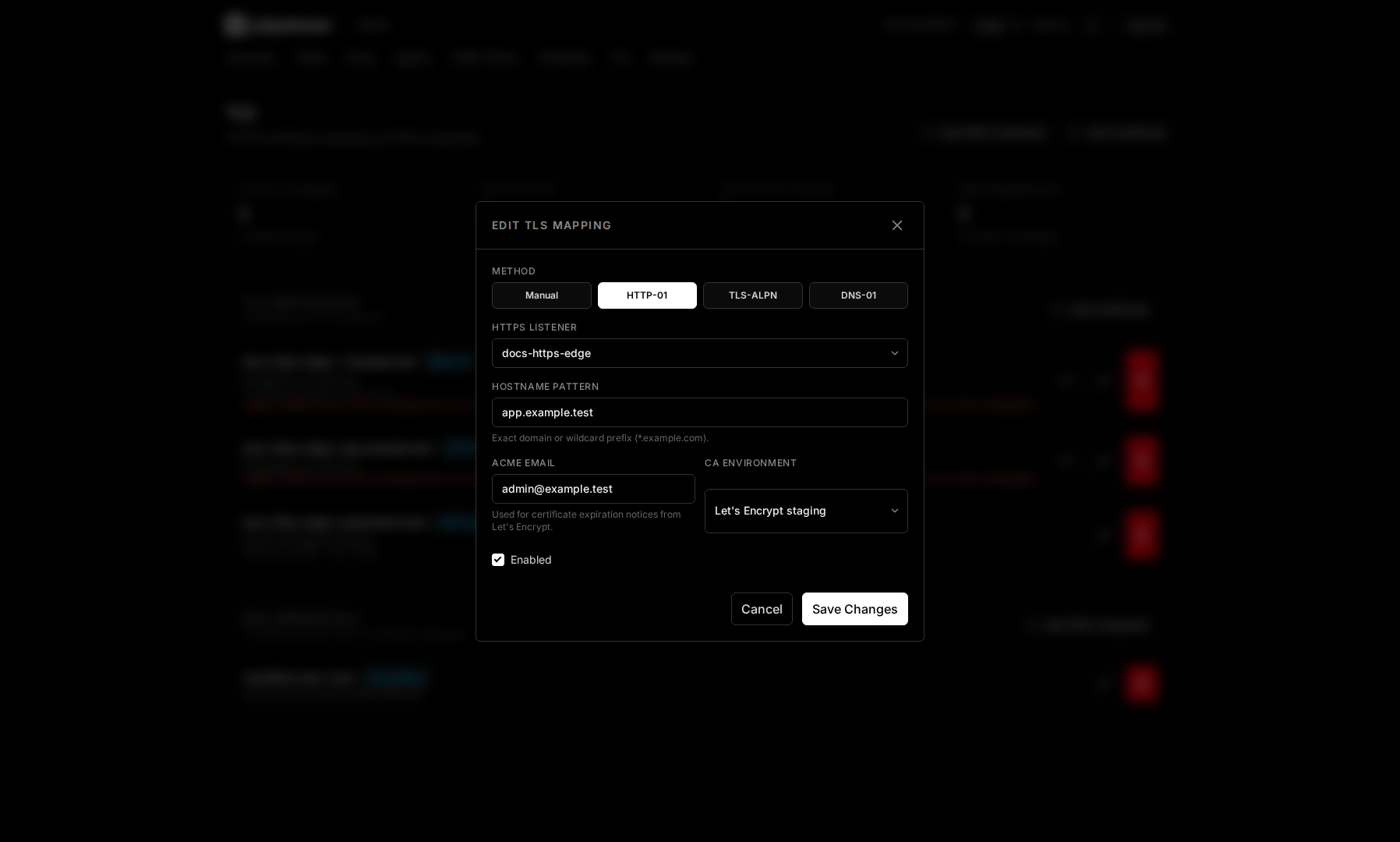 p2pstream TLS certificate mapping modal showing HTTP challenge, Let's Encrypt CA, hostname pattern, and listener selection