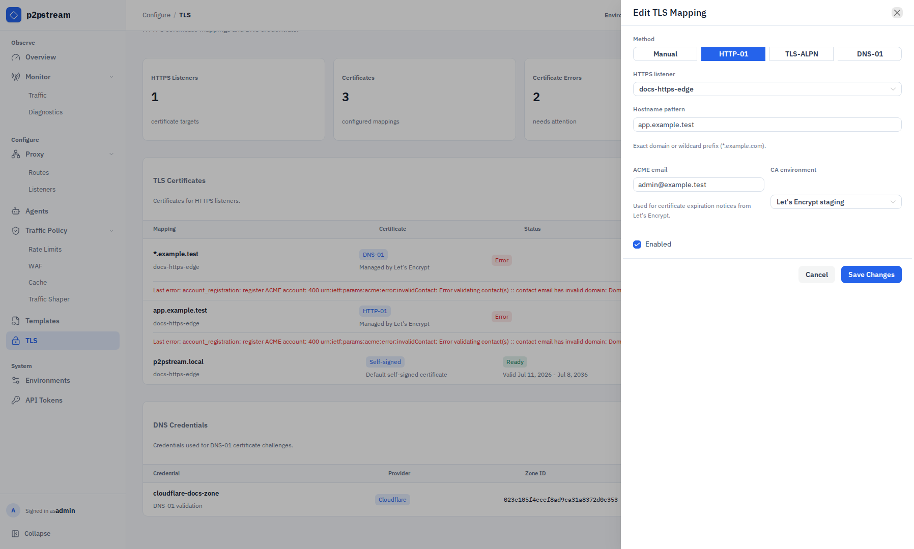 p2pstream Edit TLS Mapping drawer showing HTTP-01, Let's Encrypt staging, a hostname pattern, and HTTPS listener