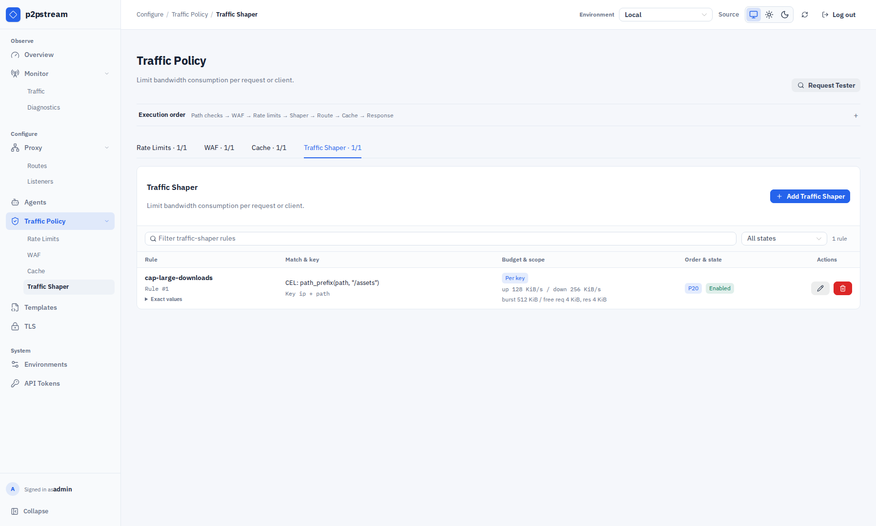 p2pstream Traffic Policy Traffic Shaper tab showing a filterable compact rule table with matches, budgets, scope, priority, and state