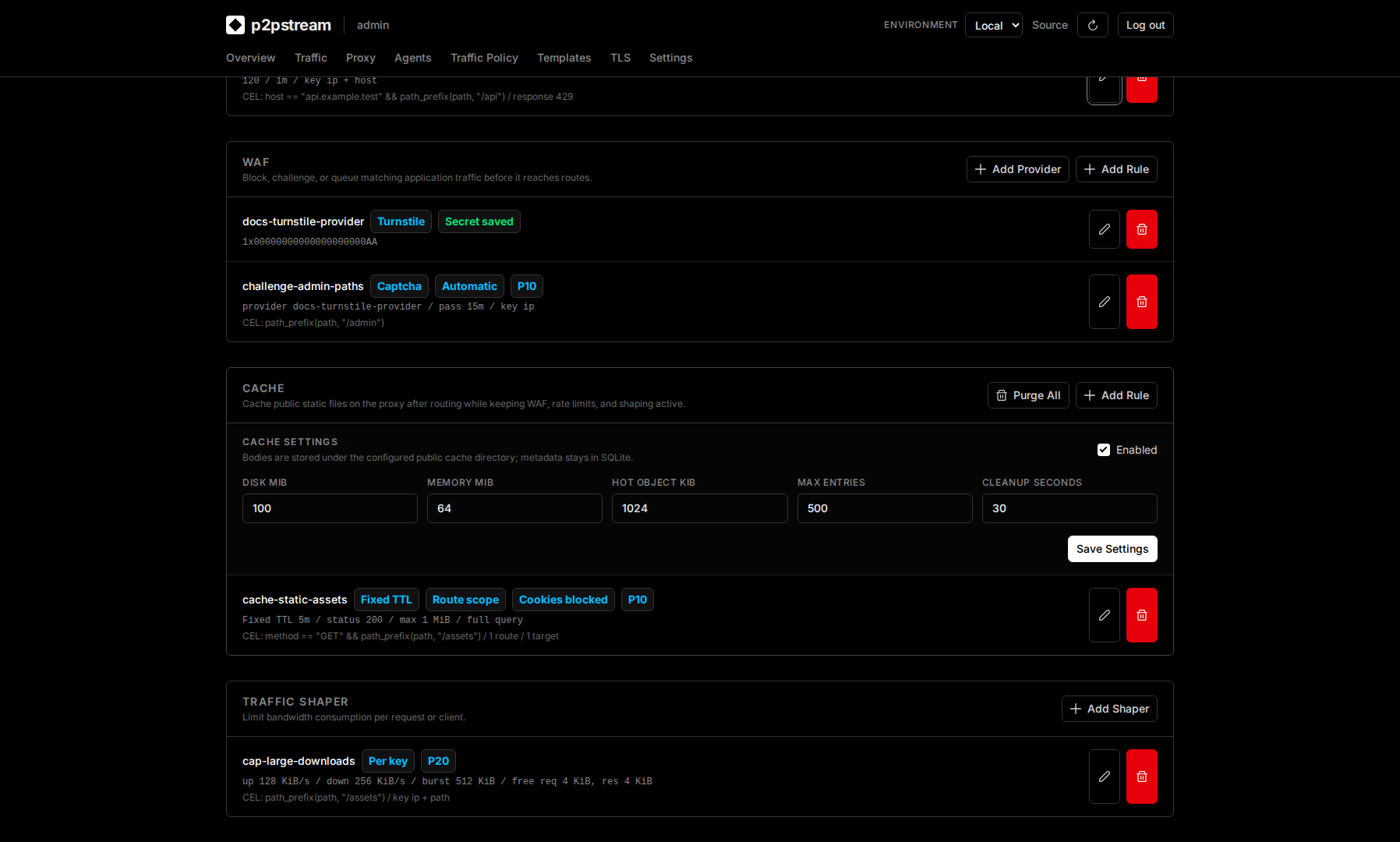p2pstream Traffic Policy page showing cache rules and traffic shapers with priorities, match summaries, byte rates, and cache controls