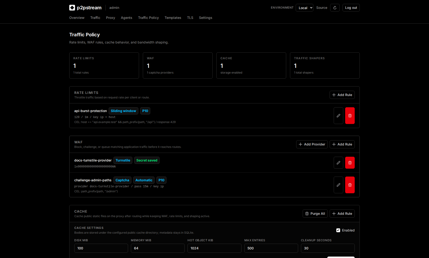 p2pstream Traffic Policy WAF section showing WAF rules, actions, activation modes, captcha providers, and rate limits