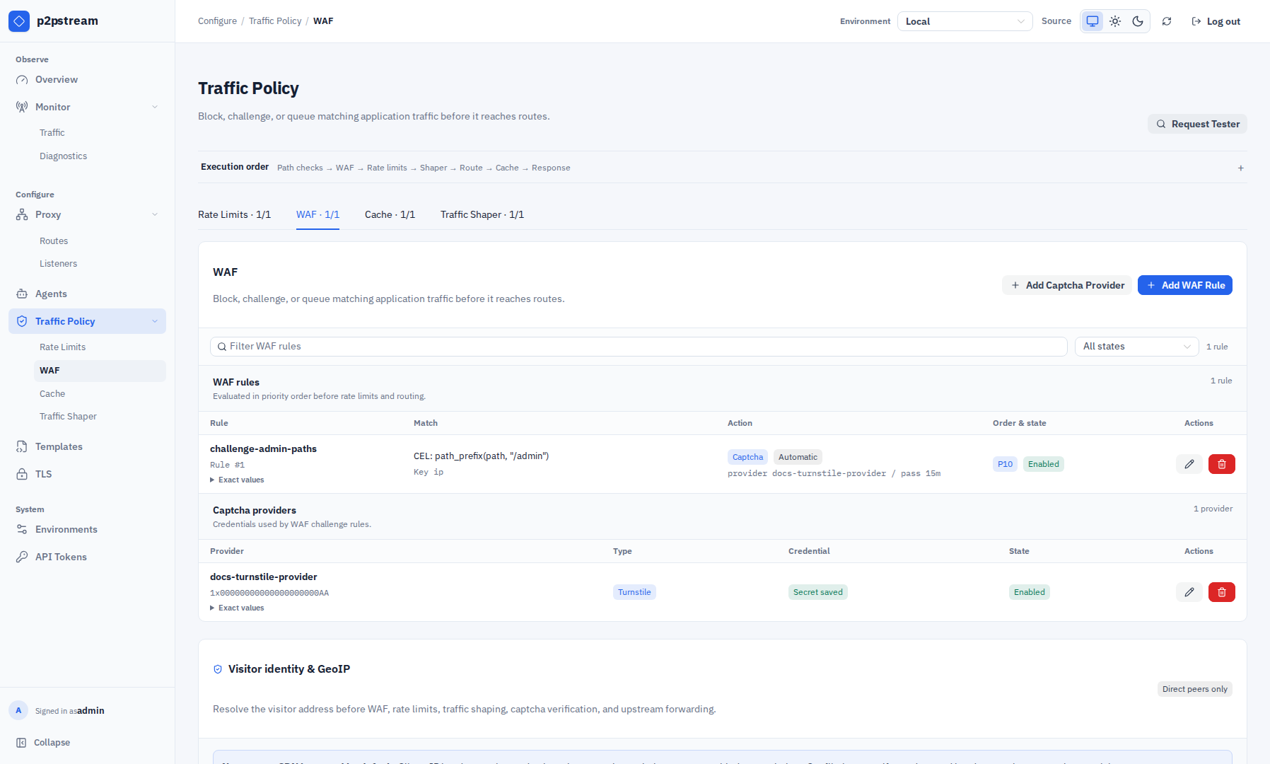 p2pstream Traffic Policy WAF tab showing filterable WAF rules, captcha providers, and Visitor identity and GeoIP settings