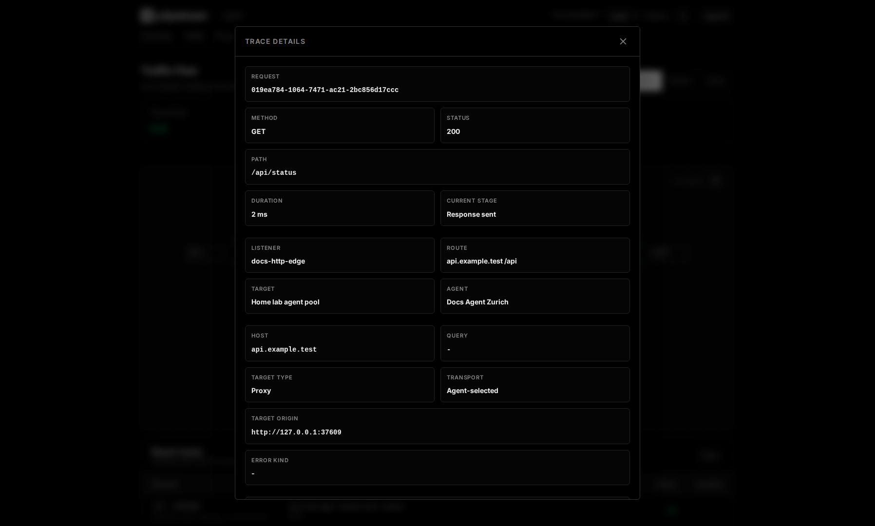 p2pstream traffic trace request details modal showing route target and upstream response metadata