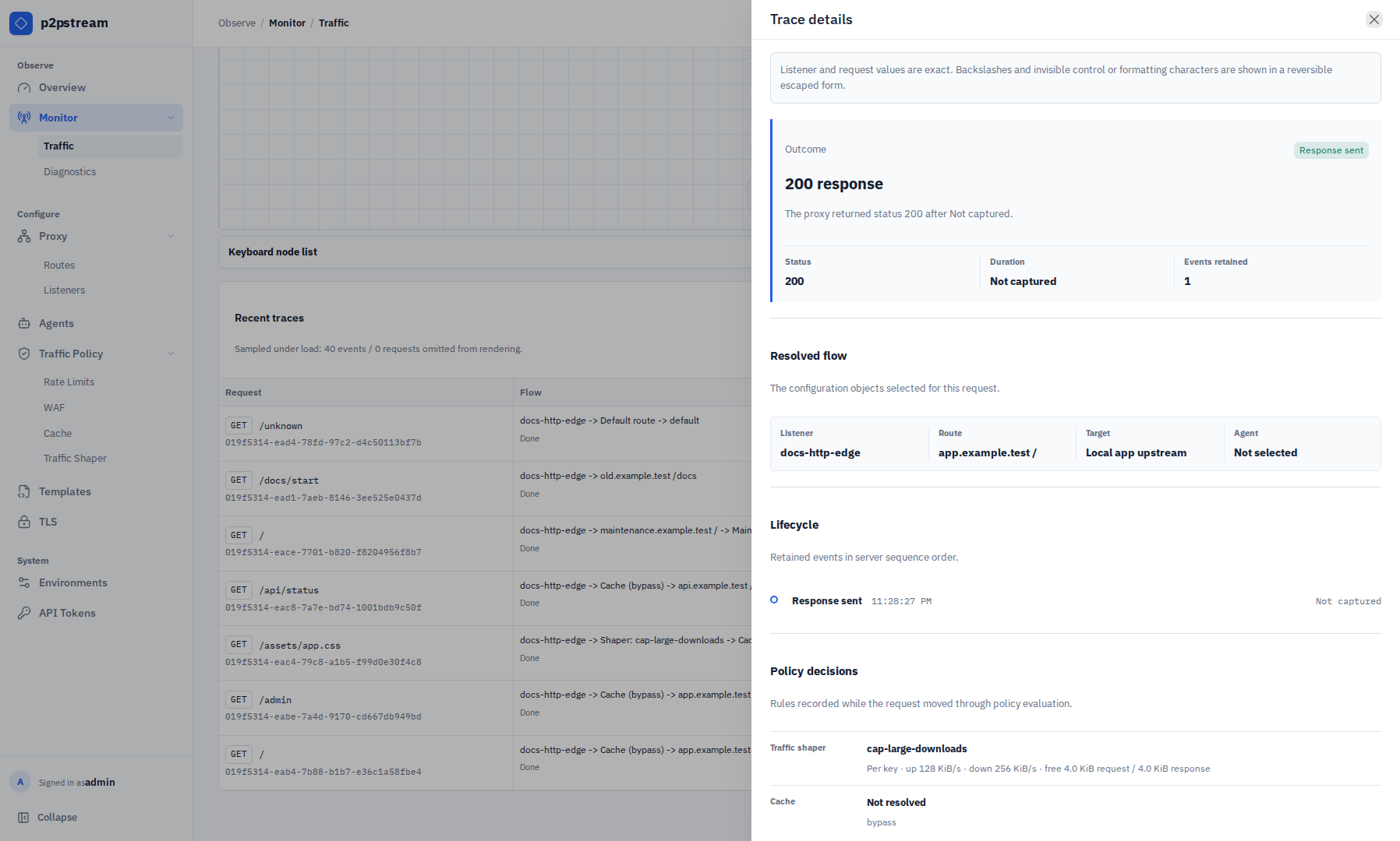 p2pstream Trace details drawer showing the request outcome, resolved listener, route and target, lifecycle, and policy decisions