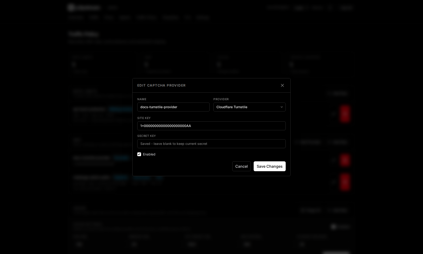 p2pstream captcha provider editor showing provider type, site key, secret key saved state, and enabled state